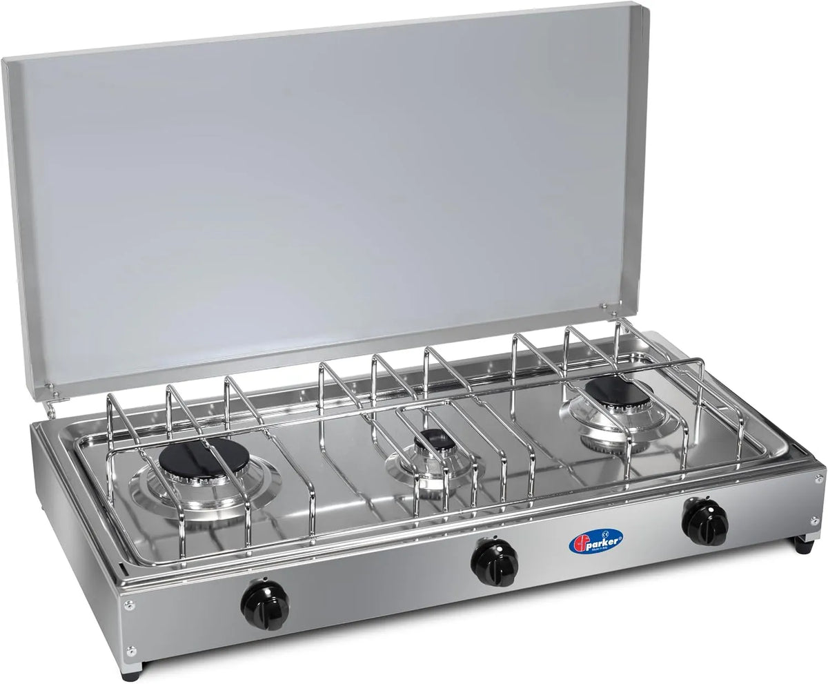 modello 5523GM, PARKER FORNELLO DA TAVOLO GAS METANO 3 FUOCHI CON PIANALE IN ACCIAIO INOX E TELAIO GRIGIO 5523GM - USO ESTERNO