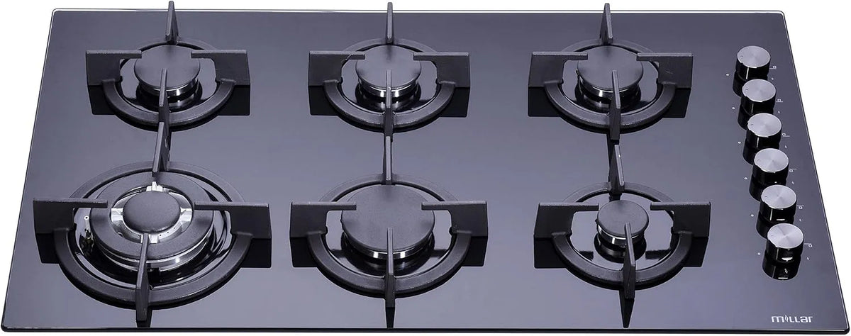 Piano cottura a gas, 90 cm, Millar GH9061PB, fornello a gas, nero, Millar GH9061PB Piano cottura da 90 cm Vetro temperato nero 6 bruciatori a gas