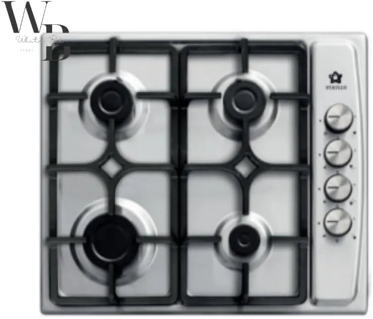 Piano cottura a gas, 60 cm, 4 fuochi, da incasso, ghisa, acciaio inox, fornello a gas, argento