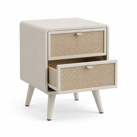 Comodino con 2 cassetti in legno e rattan naturale 45x35x60 cm Beige