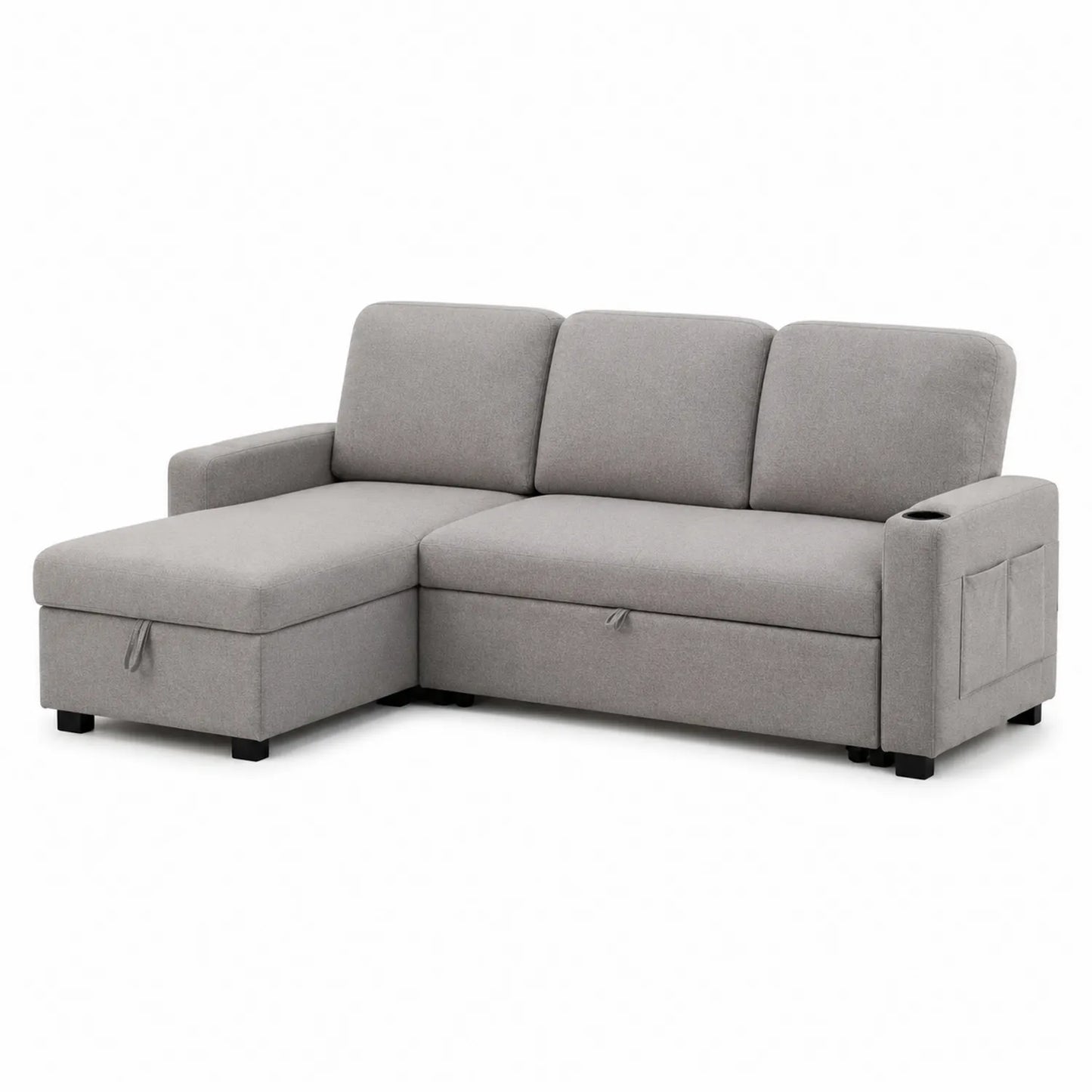 Divano letto angolare in tessuto poliestere grigio con contenitore