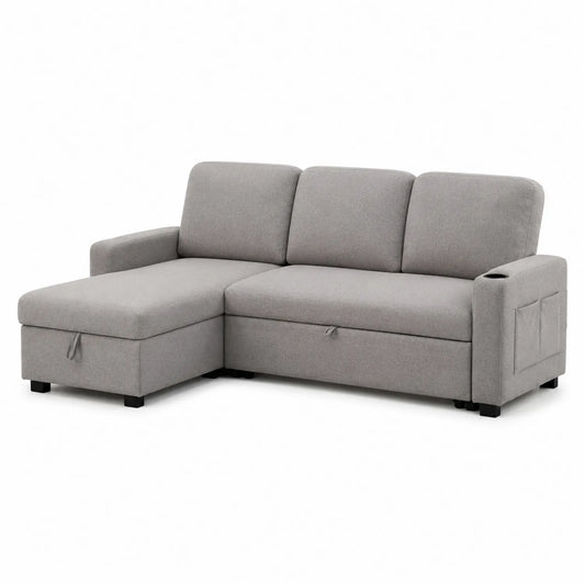 Divano letto angolare in tessuto poliestere grigio con contenitore