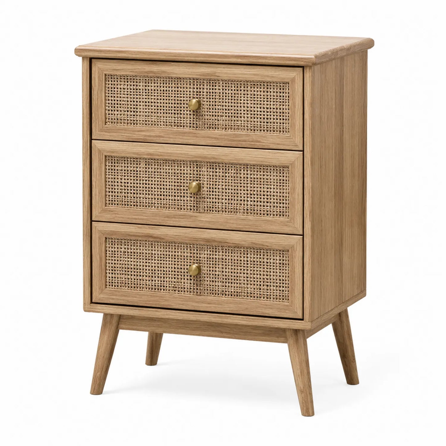 Comodino con 3 cassetti in legno e rattan