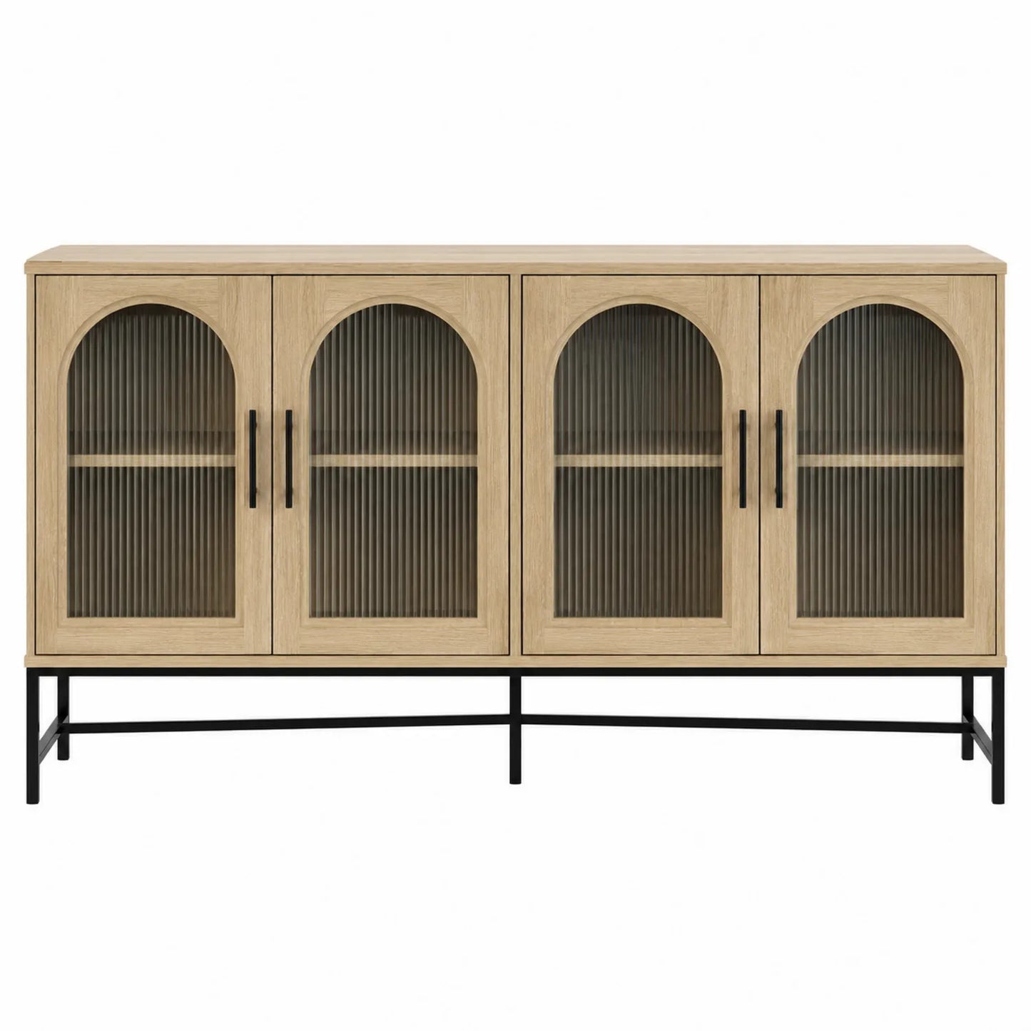 Credenza in legno di quercia con ante in vetro ondulato e struttura in metallo nero