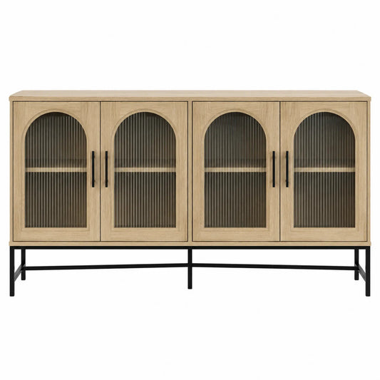 Credenza in legno di quercia con ante in vetro ondulato e struttura in metallo nero