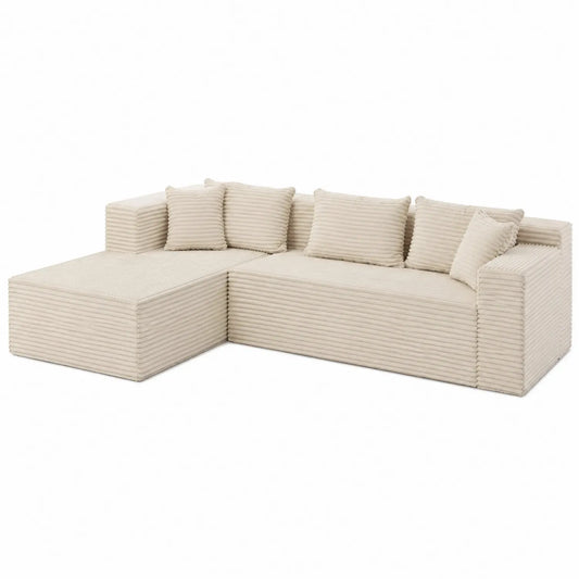 Divano angolare in velluto poliestere beige con chaise longue