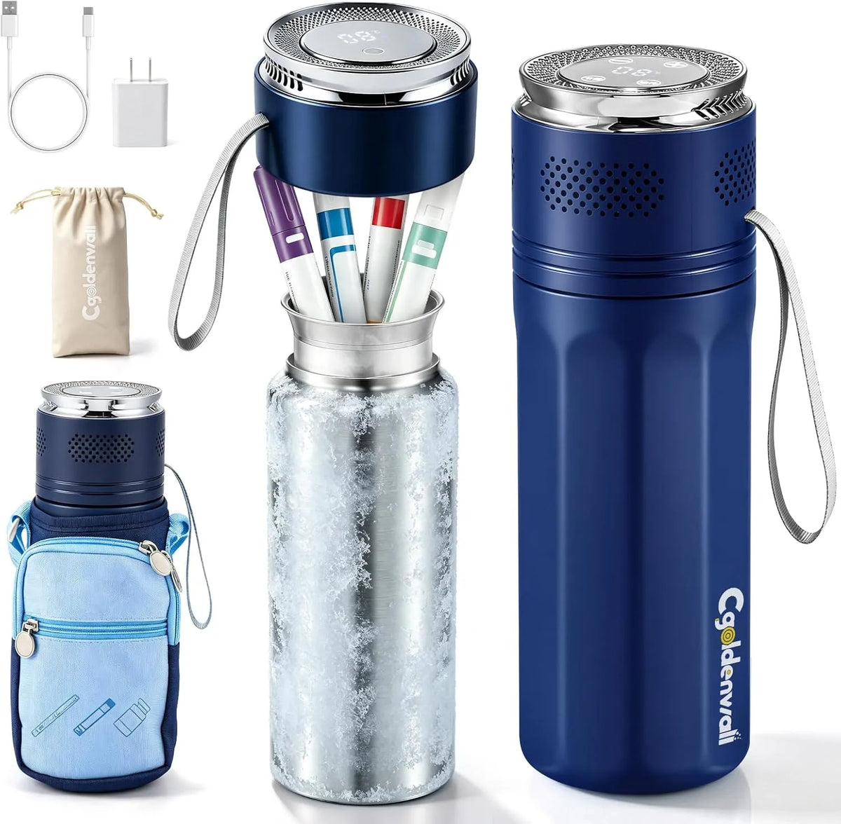 Frigorifero portatile, 2 a 20 °C, USB, trasporto di insulina e farmaci, mini frigo portatile, blu, CGOLDENWALL Elettrico Insulina Cooler Box