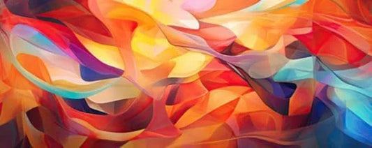 Prodotto energia, Quadro composito di alluminio 130 x 50 cm: panorama di uno sfondo astratto dinamico con forme geometriche e colori vivaci, 207676280
