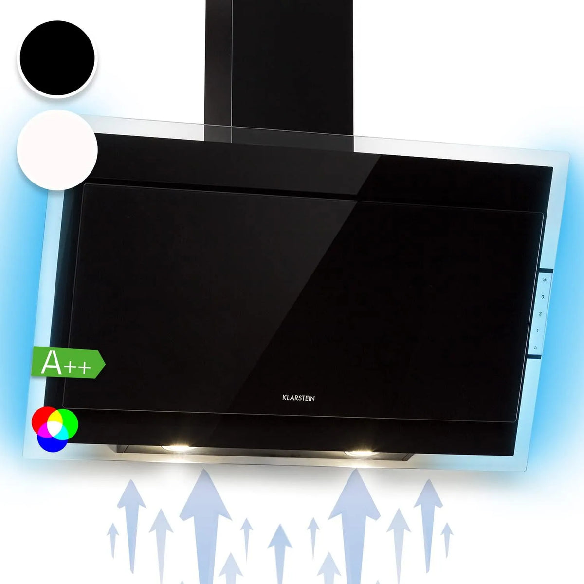 Klarstein Cappa aspirante, 90 cm, 550 m3/h, classe energetica A, cappa da cucina, montaggio a parete, touch, nero, luce d'atmosfera RGB, pannello