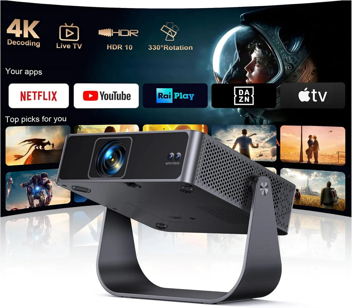 Smart TV 1080P, televisore, 4K UHD, Wi-Fi, portatile, Bluetooth, Rotazione 330°, 1080P Nativo, Videoproiettore soffitto casa, campeggio