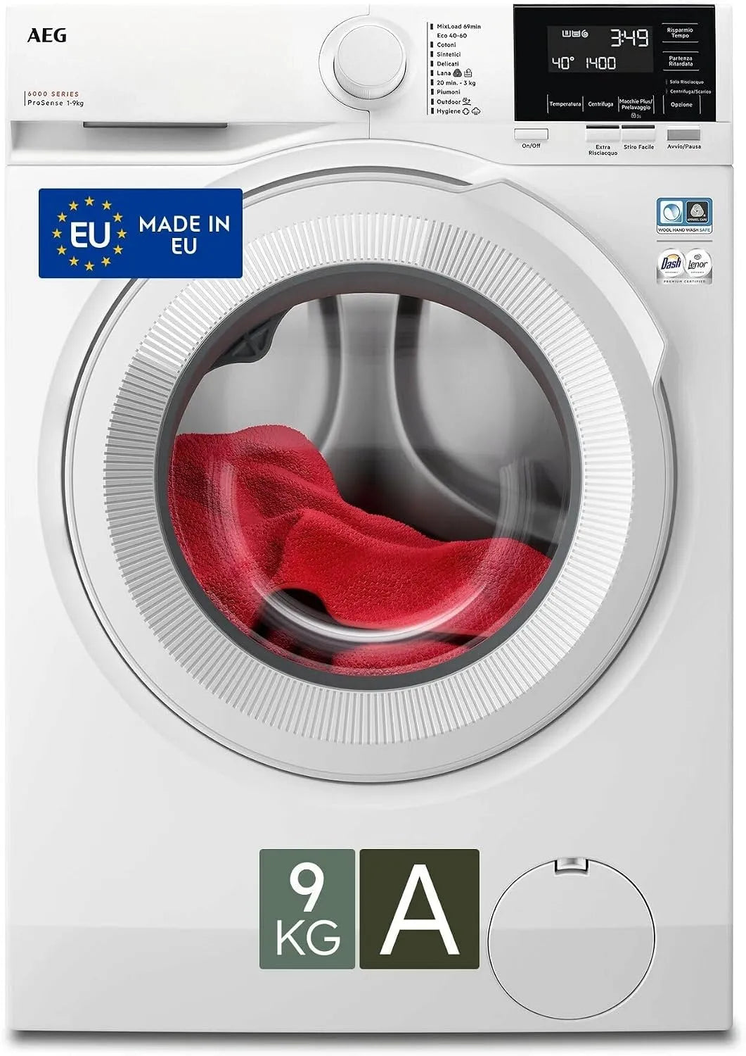 AEG Serie 6000 LR6G94OW Lavatrice, 9 kg, AEG LR6G94OW Lavatrice Carica Frontale 9 kg ProSense Serie 6000