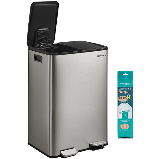 modello LTB741EZ01, Color Argento LTB741EZ01, 2 x 30 L, 2 Scomparti, 15 Sacchi Inclusi, SONGMICS Cestino da Cucina, Pattumiera a Pedale con Coperchio