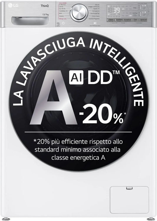LG D4R9513TPWC 13, 7kg Lavasciuga, 7 kg, classe energetica D, lavatrice, asciugatrice, vapore, Wi-Fi, bianco, 1400 Giri, Serie R9, TurboWash 360
