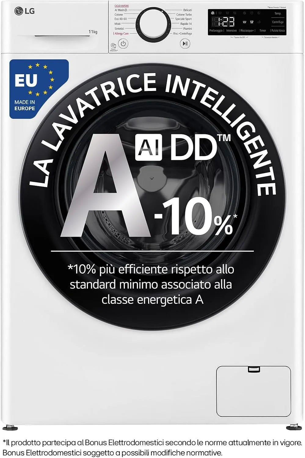LG F4R3011NSWB Lavatrice, 11 kg, classe energetica A, libera installazione, vapore, bianco, Carica Frontale Serie R3, 1400 giri, Smart Diagnosis