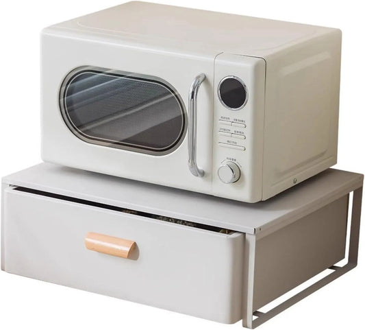 Forno a microonde, 50 cm, acciaio inox, bianco, Supporto per microonde in acciaio con cassetti estraibili, organizer da piano di lavoro per microonde