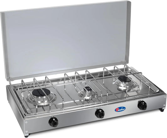 modello 5523GM, PARKER FORNELLO DA TAVOLO GAS METANO 3 FUOCHI CON PIANALE IN ACCIAIO INOX E TELAIO GRIGIO 5523GM - USO ESTERNO