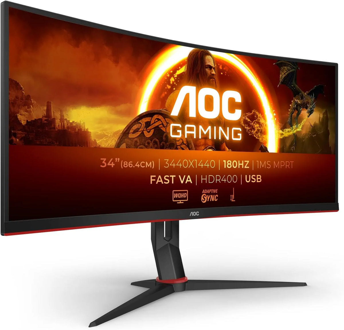 Monitor, 34 pollici, 3440 × 1440, 1 ms, 180 Hz, AOC CU34G2XPD HDR400, funzioni gaming, WQHD, pannello VA, HDMI, USB, schermo PC, GTG da 1 ms
