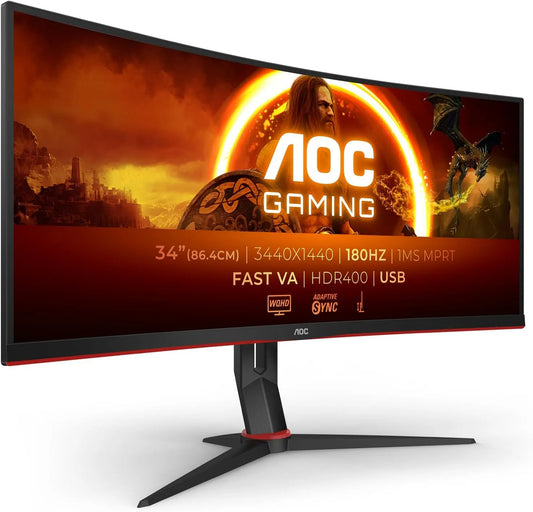 Monitor, 34 pollici, 3440 × 1440, 1 ms, 180 Hz, AOC CU34G2XPD HDR400, funzioni gaming, WQHD, pannello VA, HDMI, USB, schermo PC, GTG da 1 ms