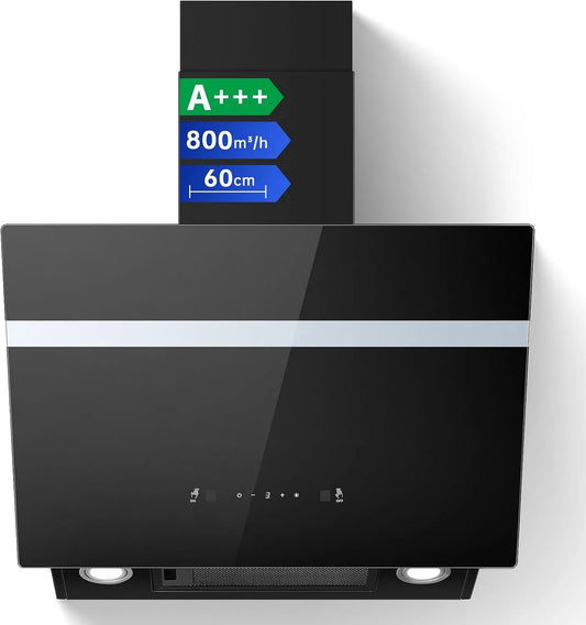 Cappa aspirante, 60 cm, 800 m3/h, 65 dB, classe energetica A, cappa da cucina, inclinata, Boost, 3 livelli, LED, Ricircolo & Canalizzazione