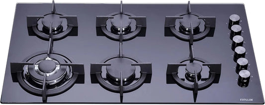 Piano cottura a gas, 90 cm, Millar GH9061PB, fornello a gas, nero, Millar GH9061PB Piano cottura da 90 cm Vetro temperato nero 6 bruciatori a gas