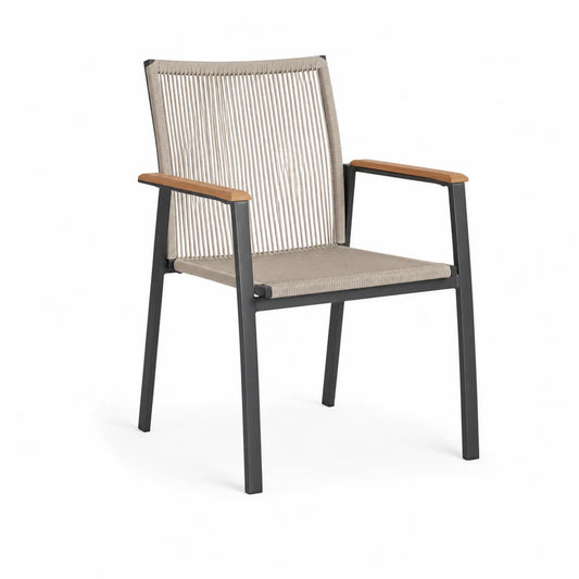 Sedia da esterno in alluminio e corda con braccioli in legno, colore Grigio