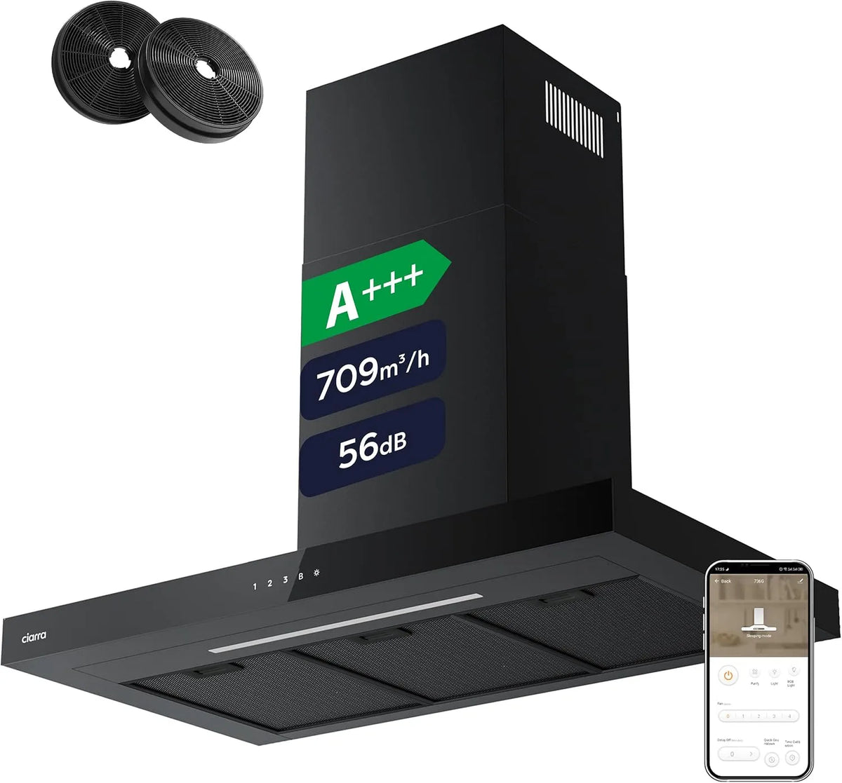 CIARRA CBCB9102 Cappa aspirante, 90 cm, 709 m3/h, 61 dB, classe energetica A, cappa da cucina, Wi-Fi, nero