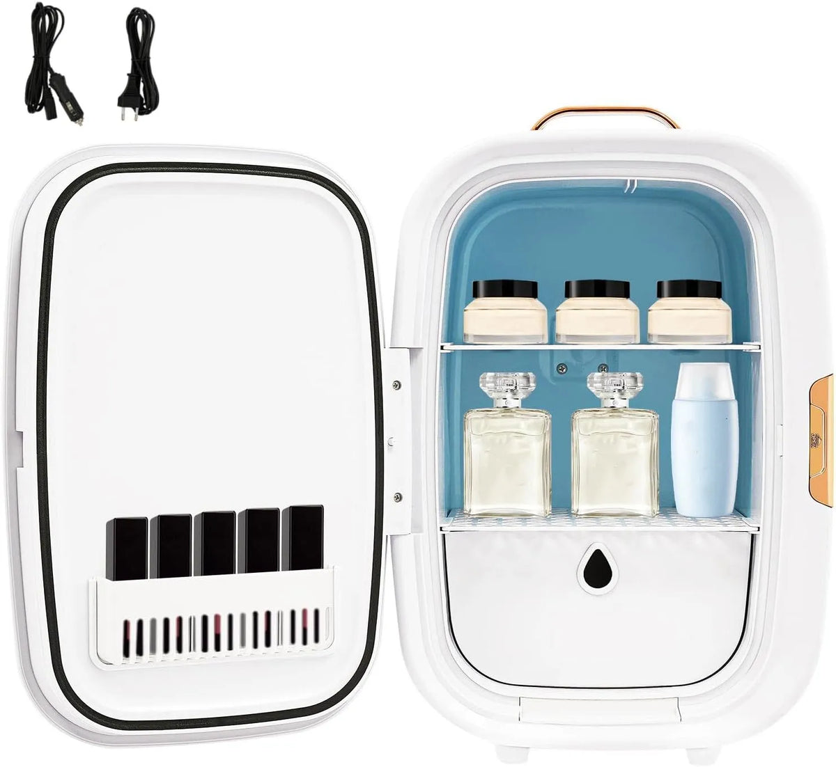 Frigorifero, bianco, mini frigo con specchio, illuminazione bianca calda, regolazione della luminosità, silenzioso, per uso domestico, come con cavi