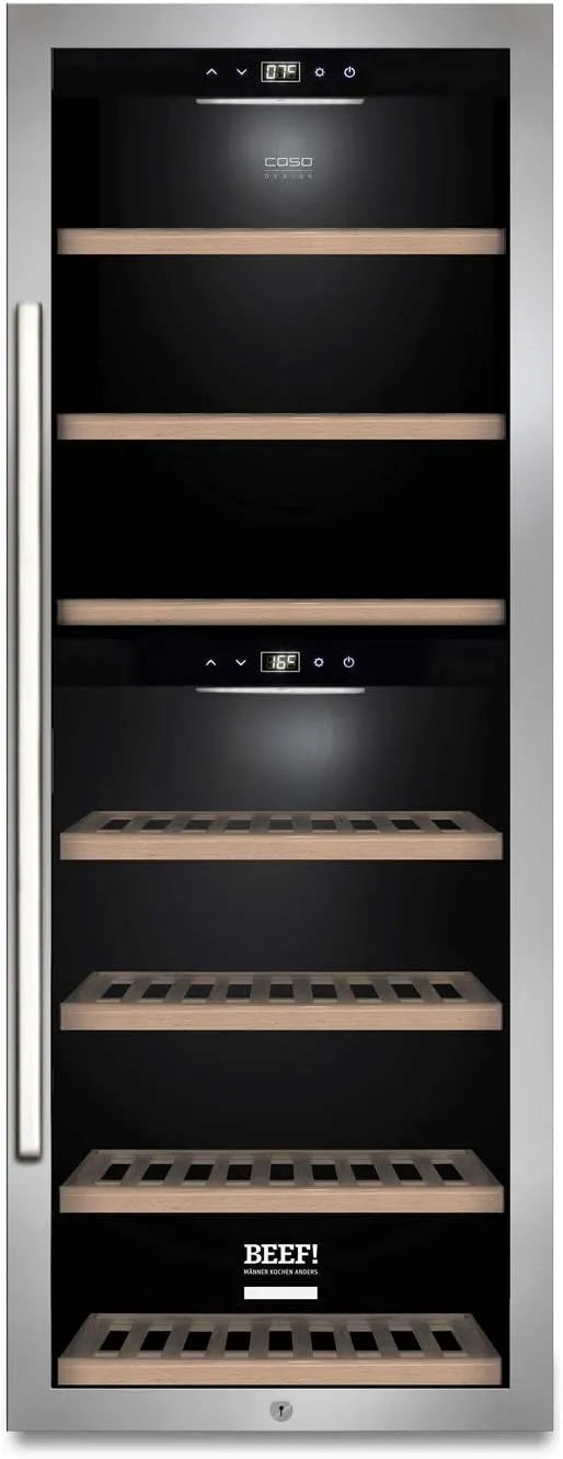 Caso Frigorifero, 126 bottiglie, 2 fuochi, 5 a 20 °C, app Wi-Fi, acciaio inox, illuminazione a LED, BEEF, Caso WinePremium 126 Smart - Frigorifero per