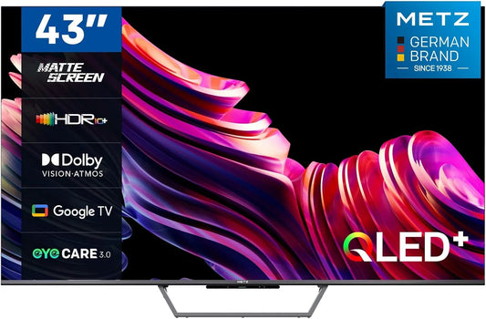 Google MQE7600Z Smart TV, 43 pollici, televisore, 4K UHD, QLED, HDR, HDMI, USB, grigio, HDR 10+, Metz Smart TV, Matte Screen, Eye Care, Flicker-Free