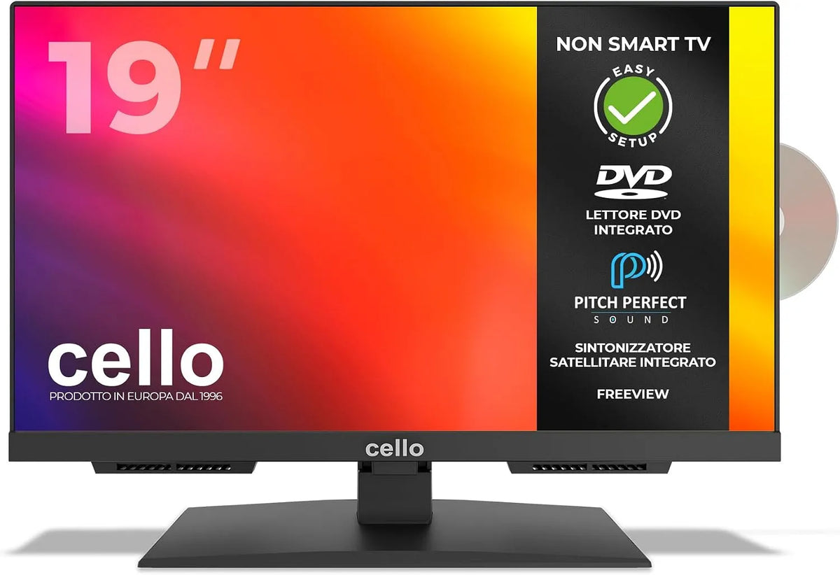 Smart TV, 19 pollici, televisore, Cello C1924F, triplo tuner DVB-T2, S2, Triple Tuner, Audio Pitch Perfect, ideale per Cucina e Piccoli Spazi