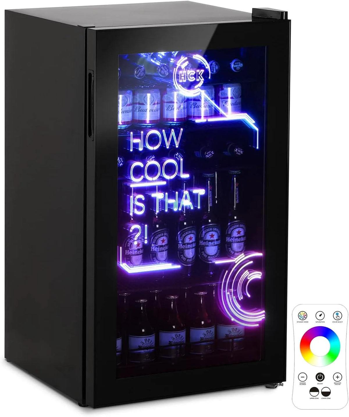 Frigorifero, 98 L, 0 a 10 °C, nero, HCK Refrigeratore Bevande, Mini Frigo 98L, Porta a Vetro, per Sala Giochi, Festa