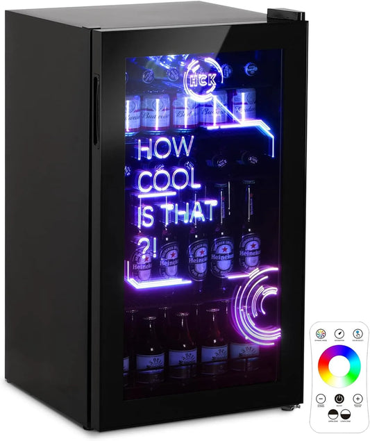 Frigorifero, 98 L, 0 a 10 °C, nero, HCK Refrigeratore Bevande, Mini Frigo 98L, Porta a Vetro, per Sala Giochi, Festa