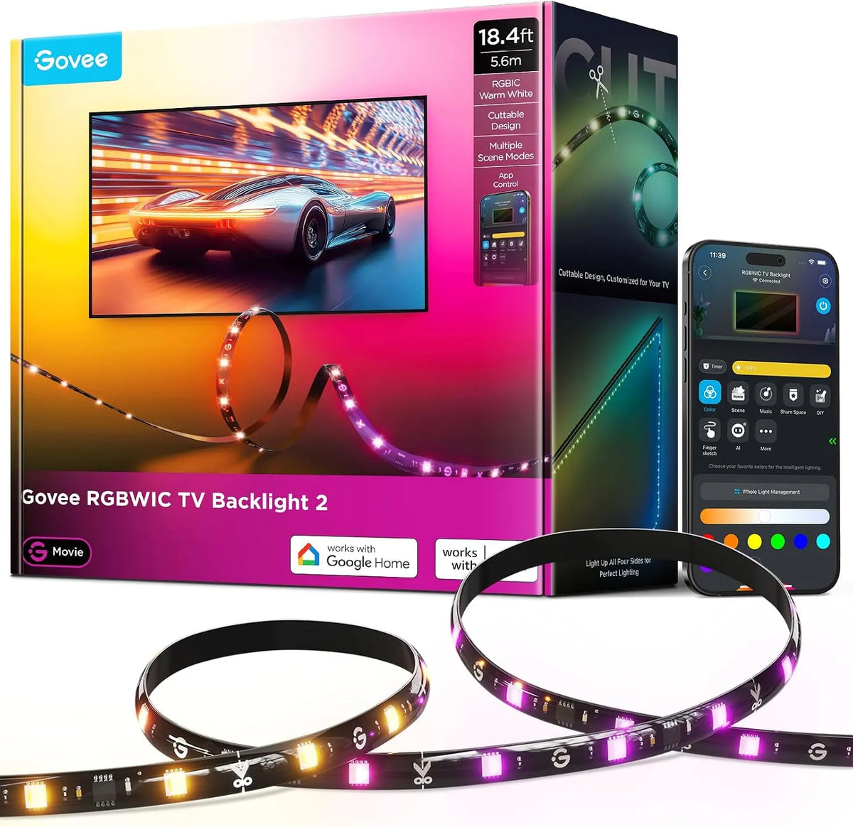 Smart TV, 86 pollici, televisore, illuminazione LED, controllo tramite app e Alexa, 210+ scene, 6 m, striscia RGBWIC da 5, con sincronizzazione