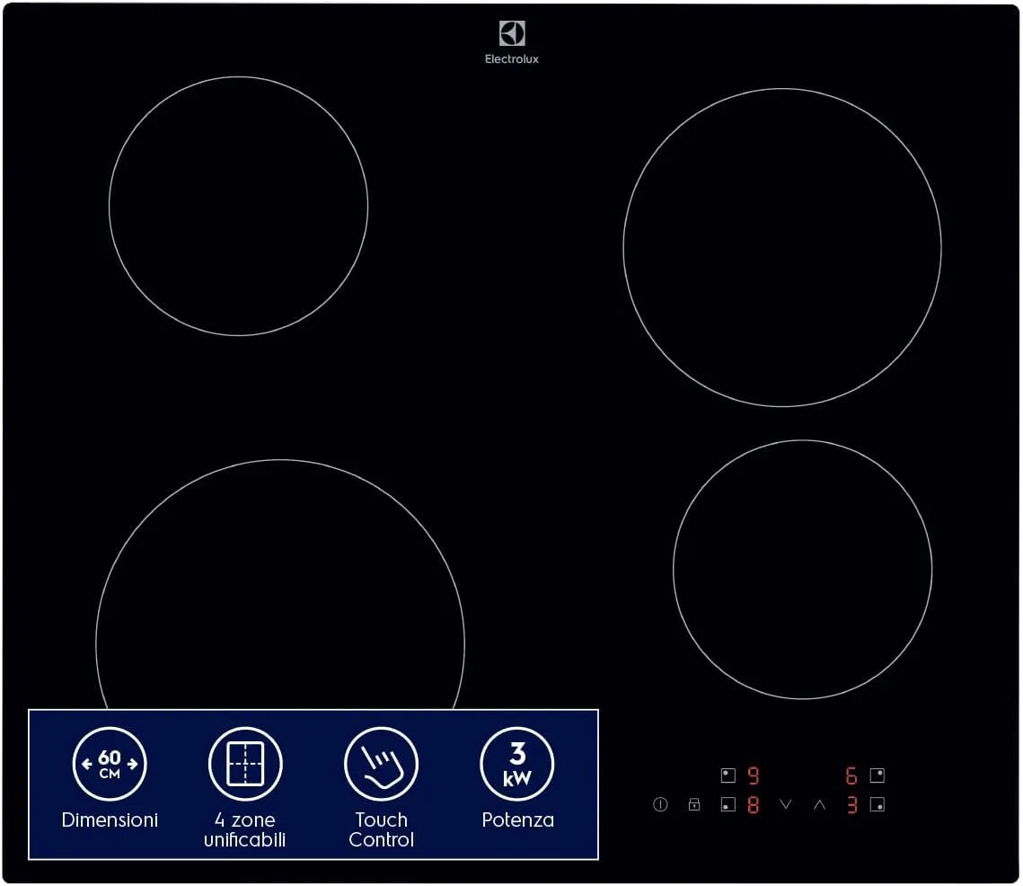 Electrolux Serie 300 EIB60424CK Piano cottura a induzione, 590×520 mm, 4 fuochi, piastra a induzione, touch, da incasso, nero, 60 cm, Sicuro e Facile