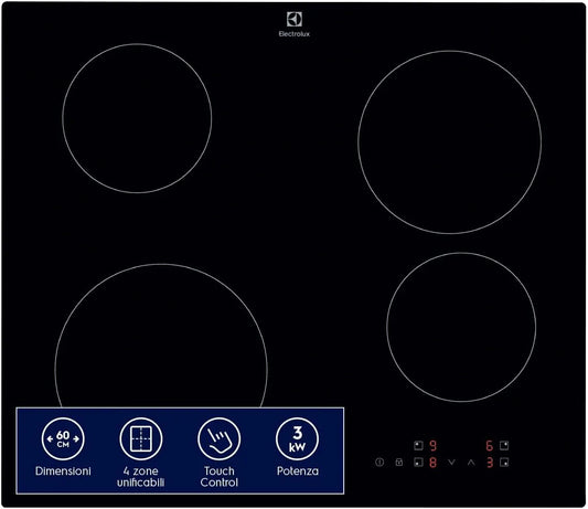 Electrolux Serie 300 EIB60424CK Piano cottura a induzione, 590×520 mm, 4 fuochi, piastra a induzione, touch, da incasso, nero, 60 cm, Sicuro e Facile
