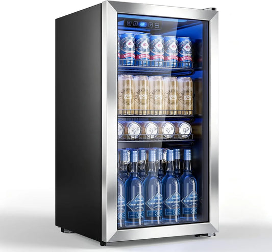 Prodotto Capacità 128 Lattine, TRIUMPHKEY 90L Bevandiere con Porta in Vetro e Telaio Argento, Ripiani Regolabili per Birra, Vino e Bibite, Salvaspazio
