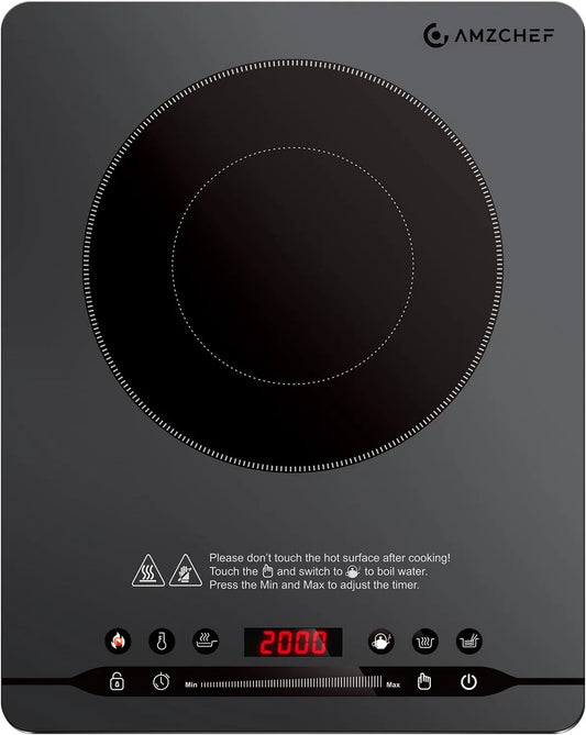Piano cottura a induzione, 2000 W, 4 programmi, 42 dB, piastra a induzione, AMZCHEF, portatile, 2 zone di temperatura, grigio, 4cm Design Sottile